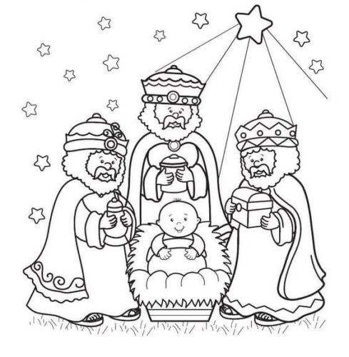 Three Wise Men With Jesus Coloring Page
