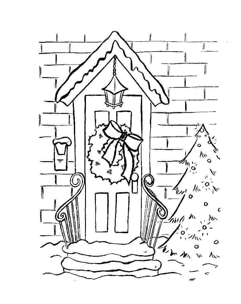 Wreath Hung On Door Coloring Page
