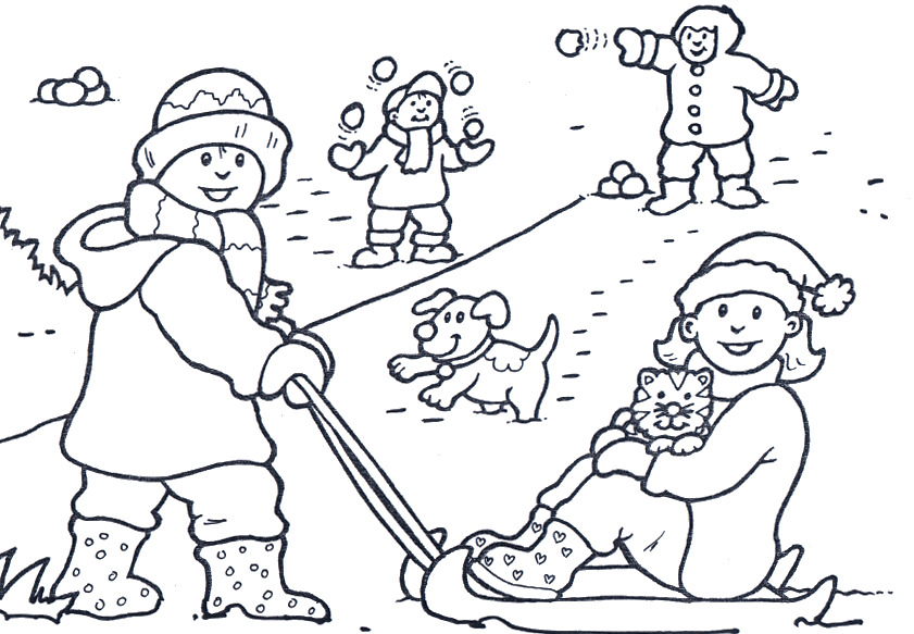 Children Enjoying In Snow Coloring Page