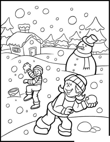 Children Playing Snow Fight coloring page