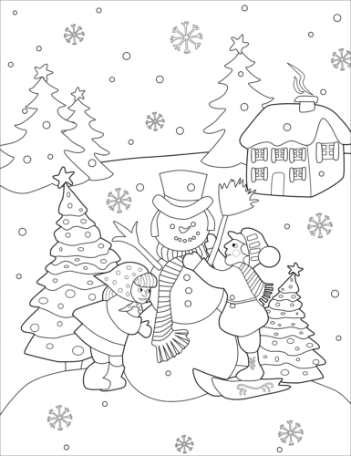 Kids Making Snowman Coloring Page