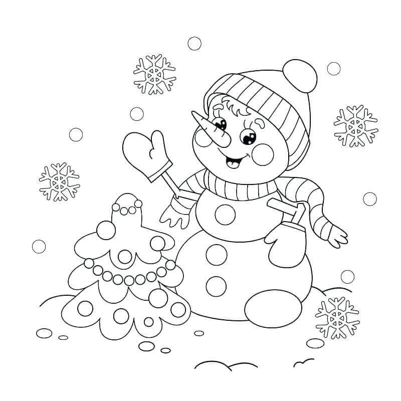 Snowman With Christmas Tree Coloring Picture