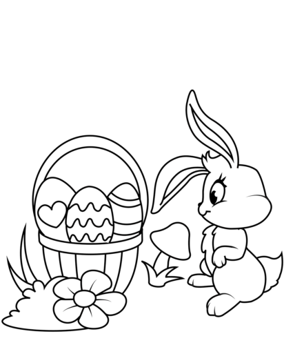Easter Bunny And Basket Coloring Picture