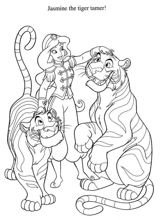 Princess Jasmine With Tigers Coloring Page