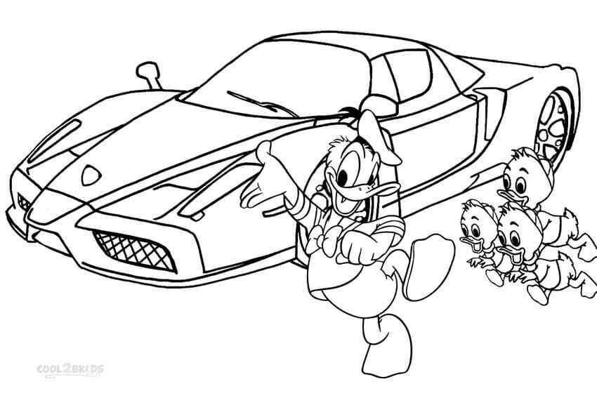 Donald Duck With His New Lamborghini Coloring Page