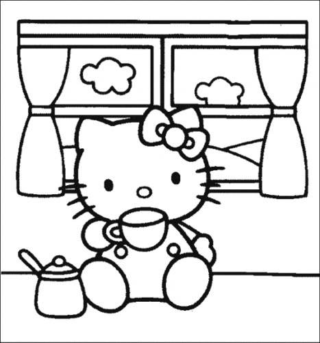 Hello Kitty Drinking Tea coloring page