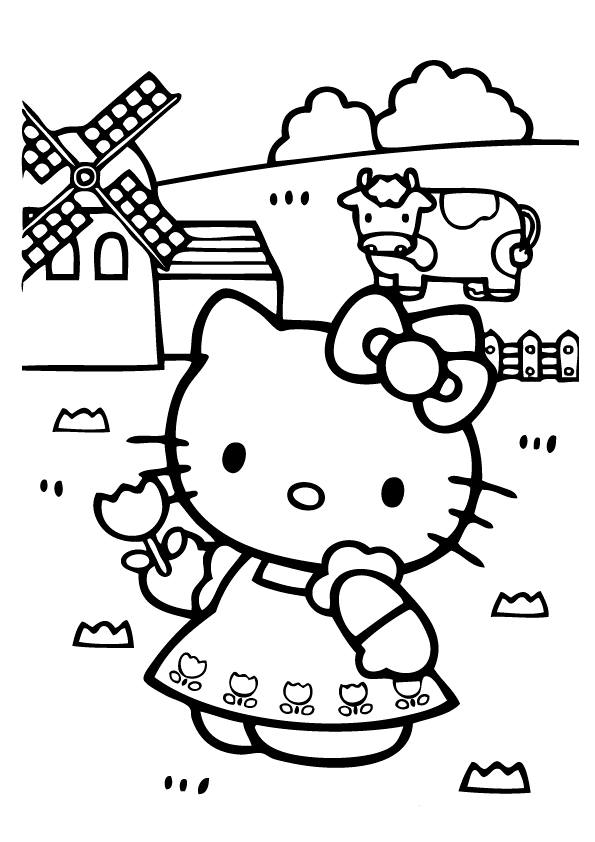Hello Kitty in her farm coloring page
