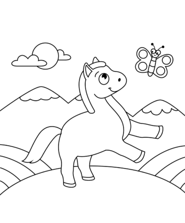 Horse With Butterfly Coloring Page