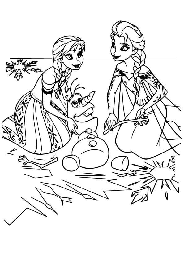 Anna And Elsa With Olaf Coloring Page