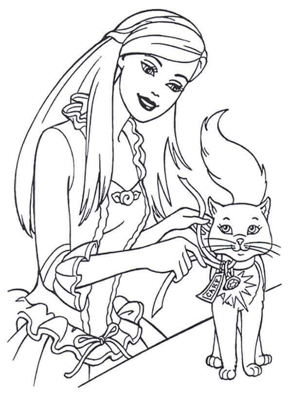 Barbie With Her Kitten Coloring Page