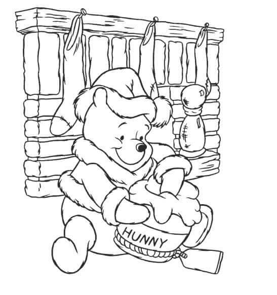Pooh Bear in front of the fireplace with honey