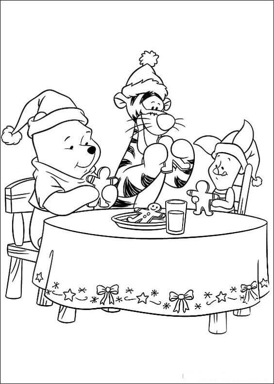 Pooh Bear and friends with gingerbread Christmas coloring page