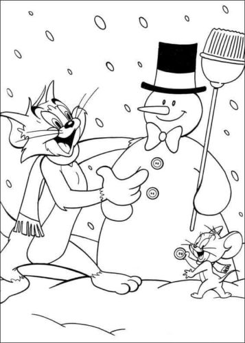 Tom and Jerry building a snowman