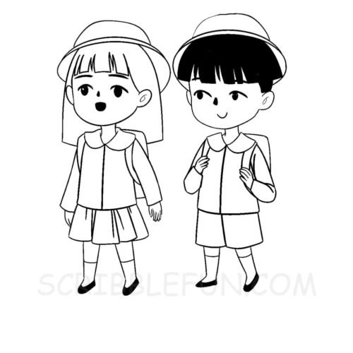 Japanese school kids coloring page