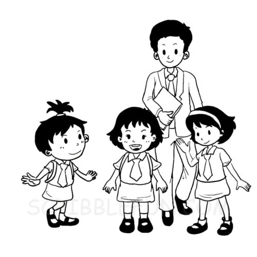 Pupils with teacher coloring page