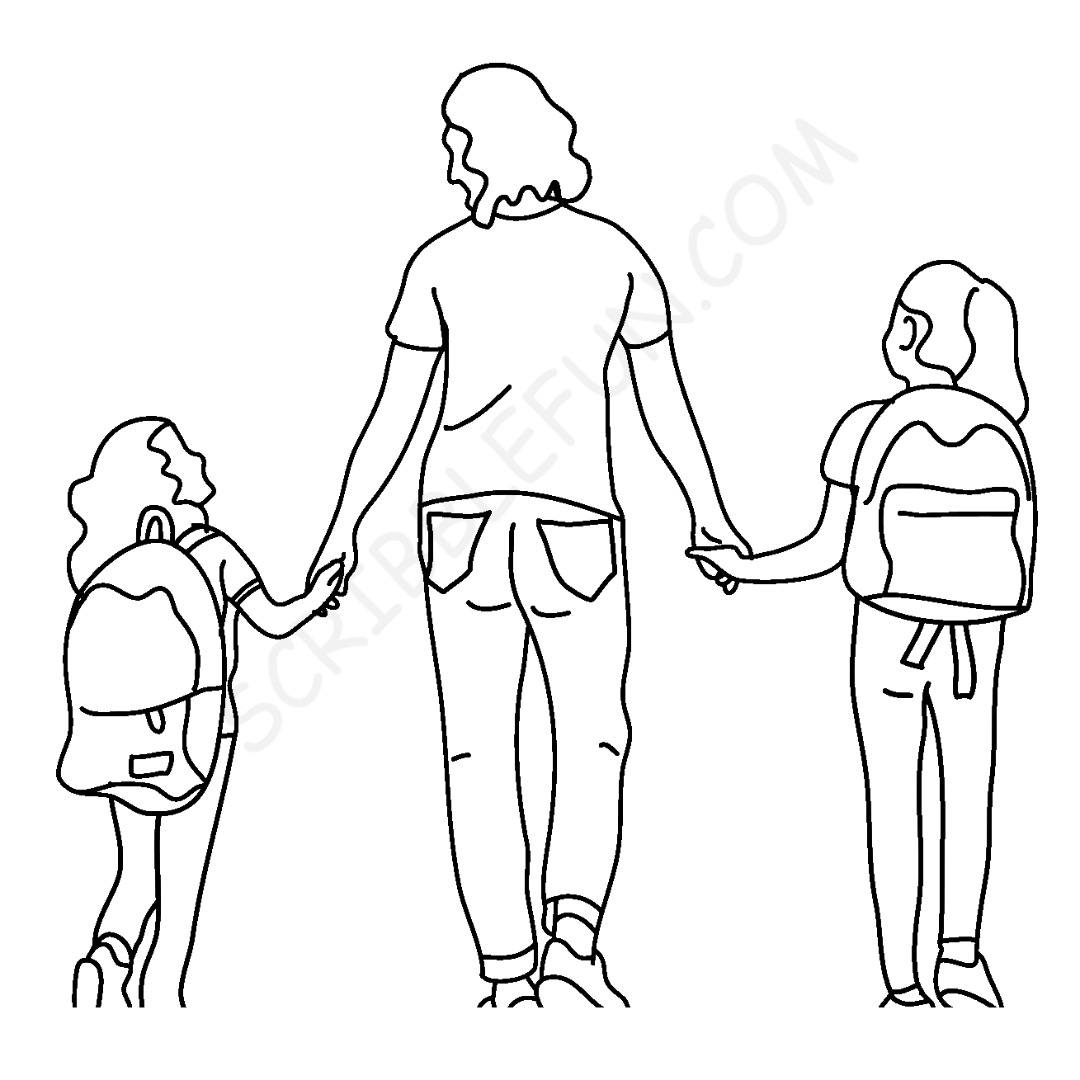 Mother taking kids to school coloring page