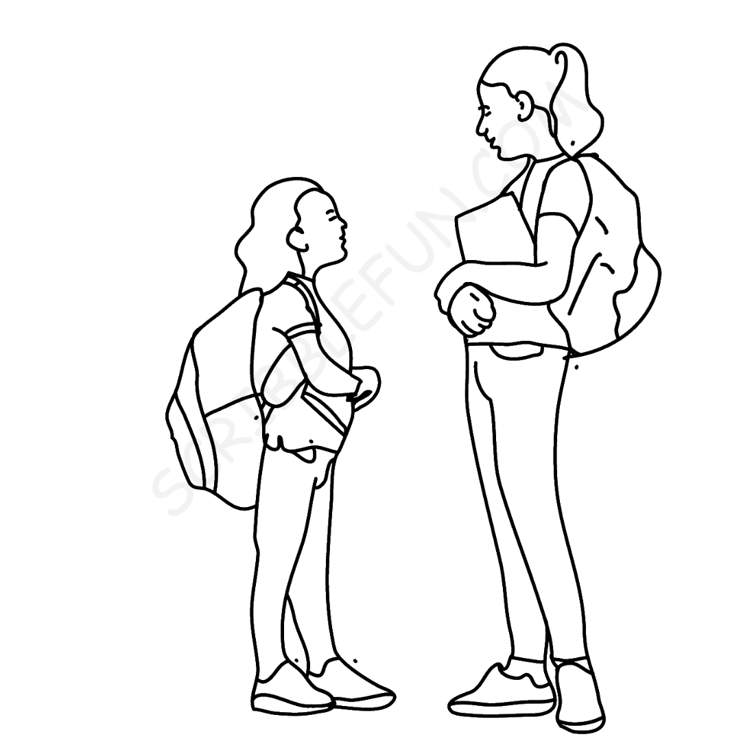 Students talking coloring page